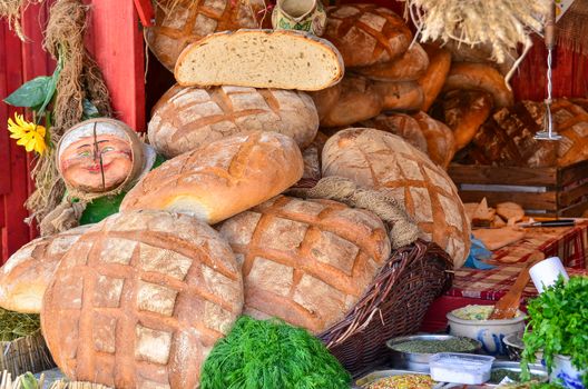 Market selling traditional Polish  bread during annual St. Dominics Fair