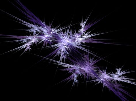 Fractal abstraction, clusters of violet-white stars and rays on a black background