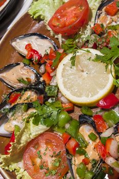 traditional spanish cuisine paella with mussels and vegetables