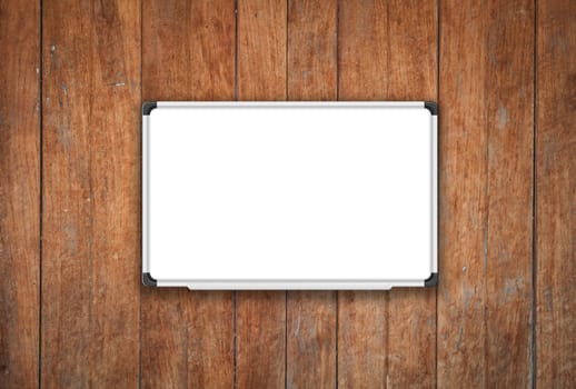 Blank white board on old wooden texture background, stock photo