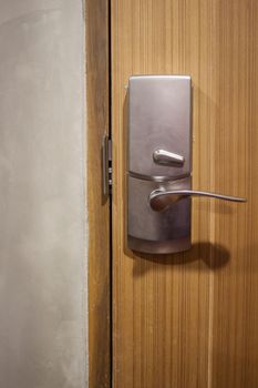 Modern style door handle on natural wooden door, stock photo