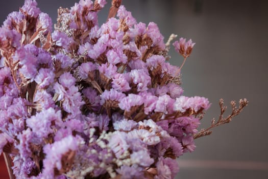 Pile violet dried flower on blur background, stock photo