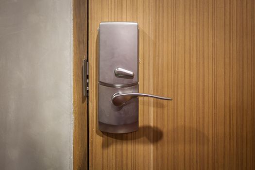 Modern style door handle on natural wooden door, stock photo