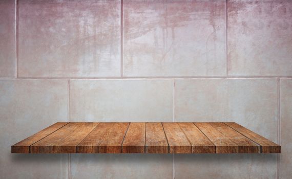 Top of wooden shelf on ceramic tiles wall texture background, stock photo