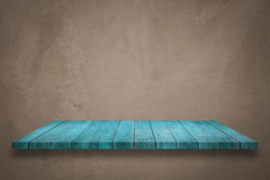 Top of blue wooden shelf on concrete background with filter, stock photo