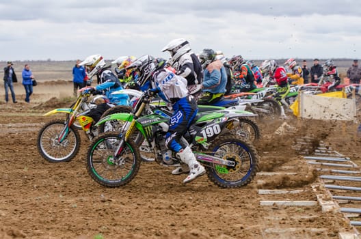 Volgograd, Russia - April 19, 2015: Motorcycle racer started in the race to stage the Open Championship Motorcycle Cross Country Cup Volgograd Region Governor