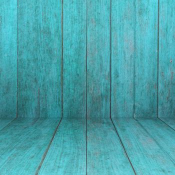 Perspective blue wooden floor with wood panel background, stock photo