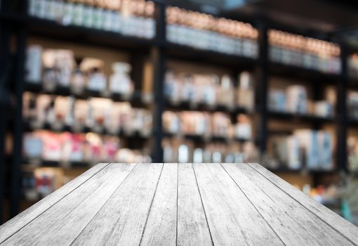 Black and white wooden with coffee shop blurred background with bokeh, stock photo