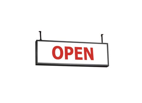 Open signboard on white background, stock photo