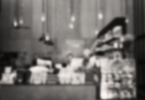 Blurred background in coffee shop with sepia filter, stock photo