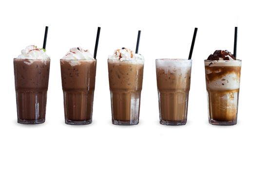 Five different kind of iced coffee isolated on white background, stock photo