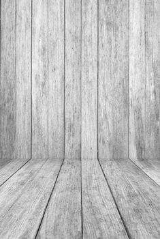 Perspective wood floor panel with black and white tone background, stock photo

