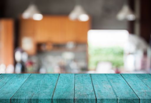 Blue top wooden with abstract blur coffee shop background, stock photo