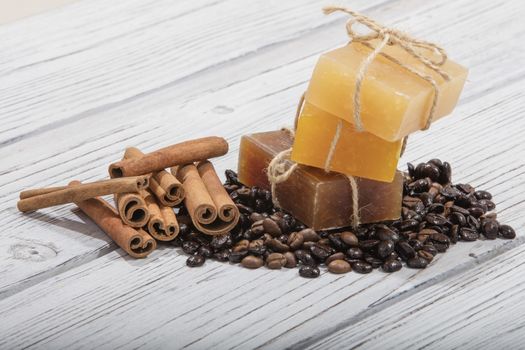 handmade coffee scented soap on wooden background