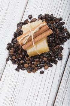 handmade coffee scented soap on wooden background