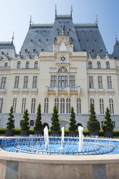 Neogothic style Palace of Culture in Iasi and nearly fountain