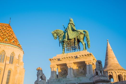 Saint Stefan Statue at Fisherman's Bastion, in Budapest, Hungary with Clear Blue Sky in Background