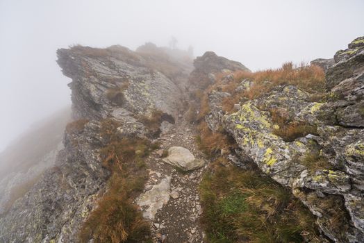 Hiking Trail on the Hill in the Mountains in the Mist