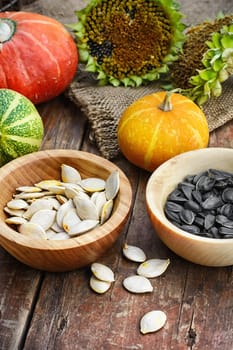 Set of pumpkins and sunflowers with seeds from the autumn harvest