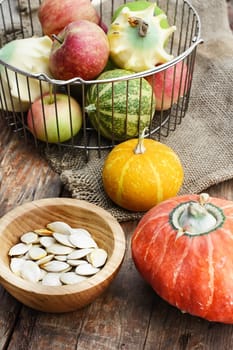Set of pumpkins with seeds from the autumn harvest
