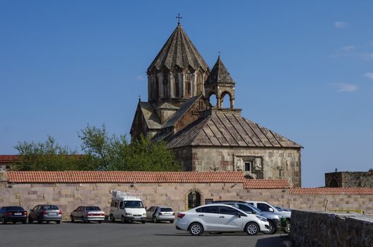 Gandzasar, Nagorno-Karabakh Republic: 20 september 2014: Old medieval armenian church of  Gandzasar monastery, Nagorno-Karabakh Republic