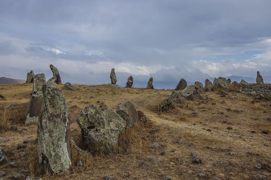 Big megalithic menhirs of Zorats Karer (Carahunge) - prehistory megalithic monument in Armenia