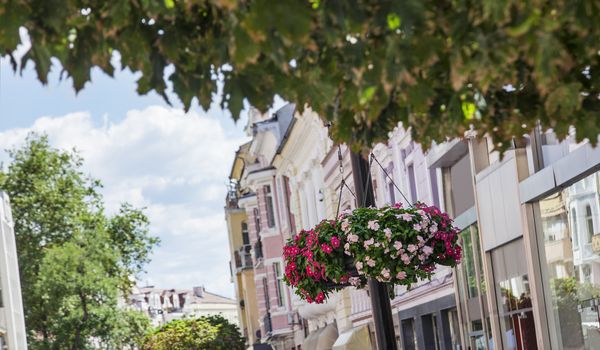 Hanging colorful flowers in pots on a street pole in front of a secession buildings, downtown Plovdiv, Bulgaria.