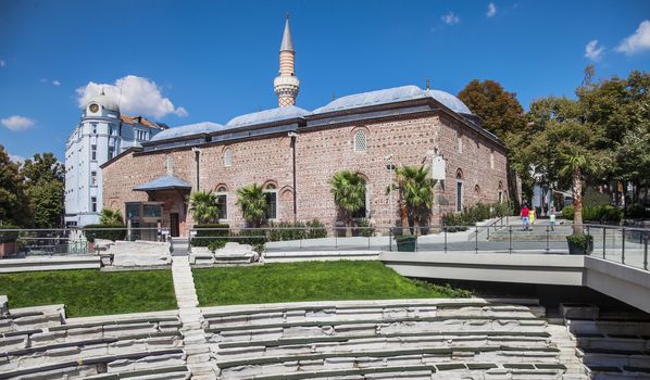 Dzhumaya, Djumaya Mosque or Cuma Camii in turkish, downtown Plovdiv view throght Roman Stadium on a sunny summer day.