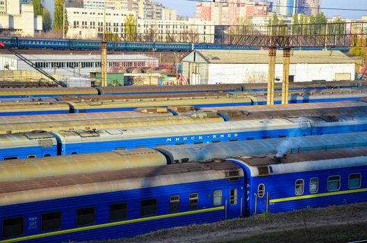 blue wagon train station in the city Kyiv, Ukraine