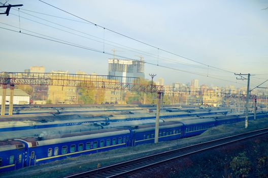 blue wagon train station in the city Kyiv, Ukraine
