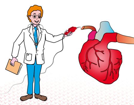 drawing of a heart and a medical doctor with a stethoscope looking after a heart for a heart problem