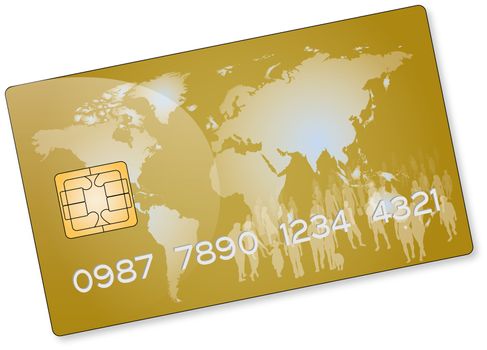 drawing of a credit card gold with a crowd of people on a world map