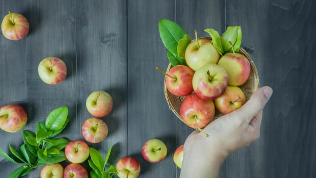 human hand holding red and yellow apple  on wooden background , Top view