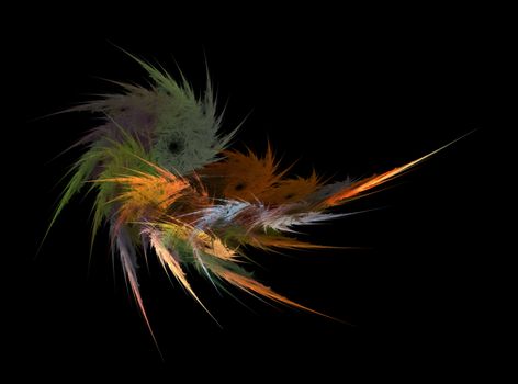 Fractals, abstract bundle of colored feathers on black background