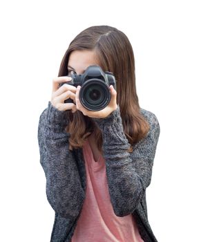 Attractive Mixed Race Young woman With DSLR Camera Isolated on a White Background.