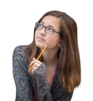 Pretty Mixed Race Girl Thinking with Pencil Isolated on a White Background.