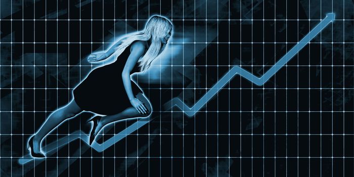 European Businesswoman Charging Ahead on Blue Background Art