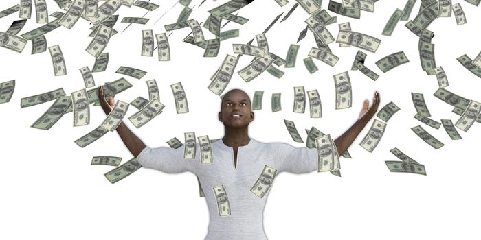 Black Man Catching Money Falling From the Sky in US Dollars