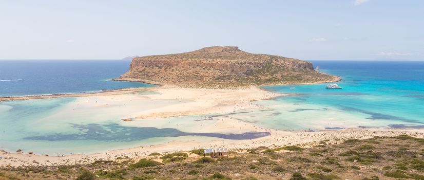 Breathtaking panorama of Balos beach and lagoon and Gramvousa island on Crete, Greece. Cap tigani in the center.