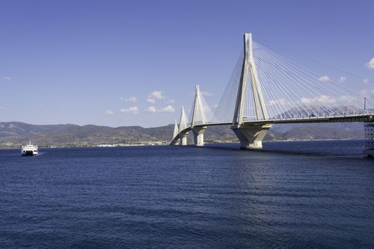 Cable-stayed suspension bridge crossing Corinth Gulf strait, Greece. It is one of the world's longest multi-span cable-stayed bridges and the longest of the fully suspended type