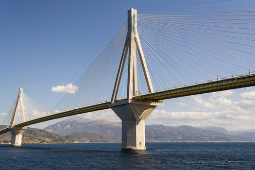 Cable-stayed suspension bridge crossing Corinth Gulf strait, Greece. It is one of the world's longest multi-span cable-stayed bridges and the longest of the fully suspended type