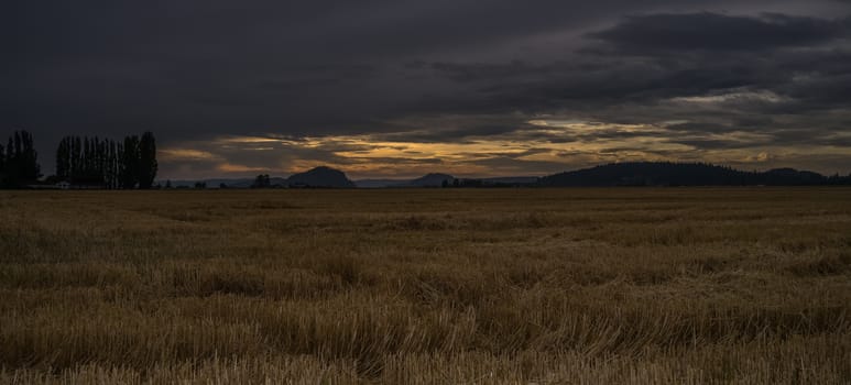 Darkness falls on a Skagit Valley field as the sun sets in the distance