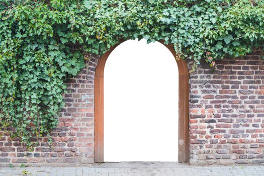 Photomontage, a gate in a wall into a park. Behind the open door you see a road to a small chapel.