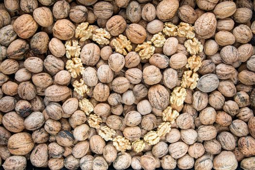 Detail of the walnuts and nut kernels