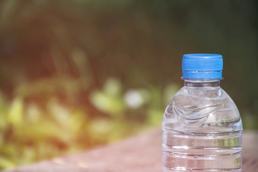 Water bottle on wood table with nature background. Fresh and energy concept.