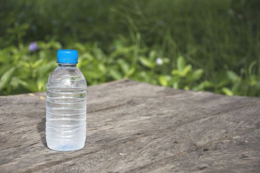 Water bottle on wood table with nature background. Fresh and energy concept.