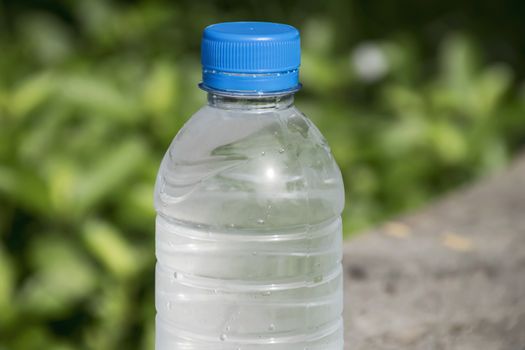 Water bottle on wood table with nature background. Fresh and energy concept.