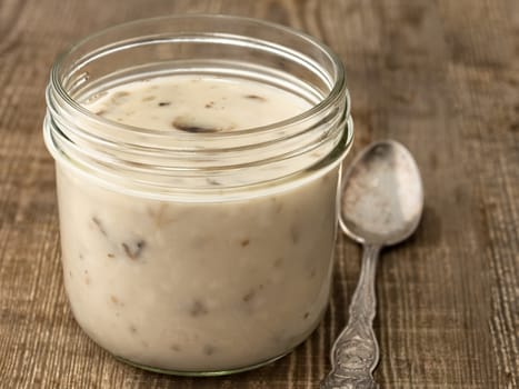 close up of rustic cream of mushroom soup