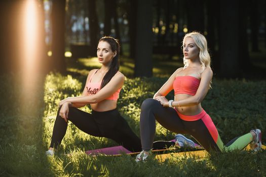 Concept: sport, healthy lifestyle. Young strong girls do exercises during street workout