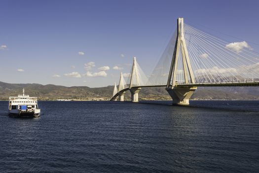 Cable-stayed suspension bridge crossing Corinth Gulf strait, Greece. It is one of the world's longest multi-span cable-stayed bridges and the longest of the fully suspended type
